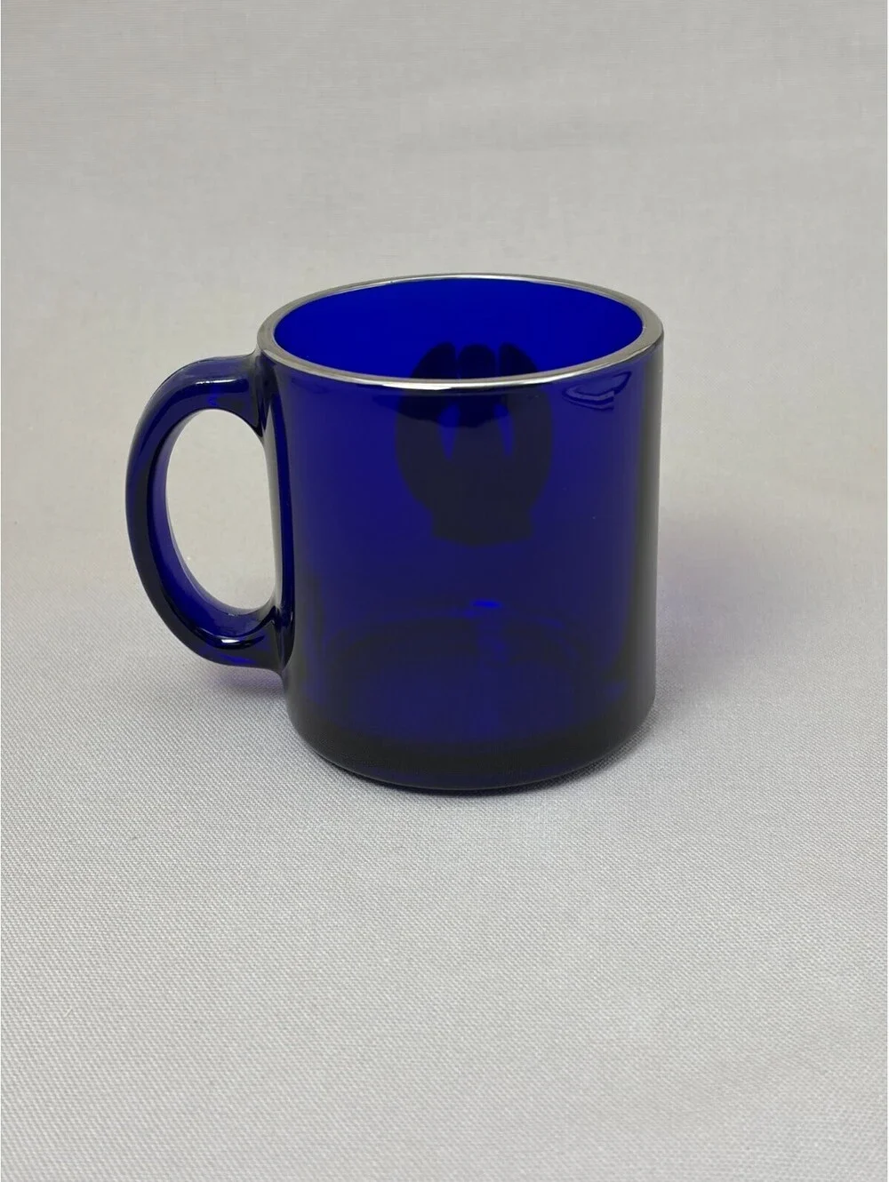Vintage Cobalt Blue Glass Coffee Mug Pewter Guardian Angel Silver Rim Made in US
